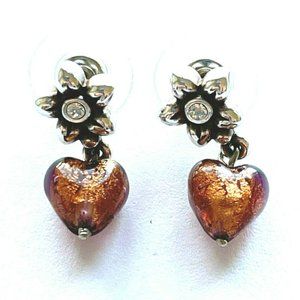 Silver Plated Flower Crystal Center with Drop Dangle Murano Glass Heart Earrings